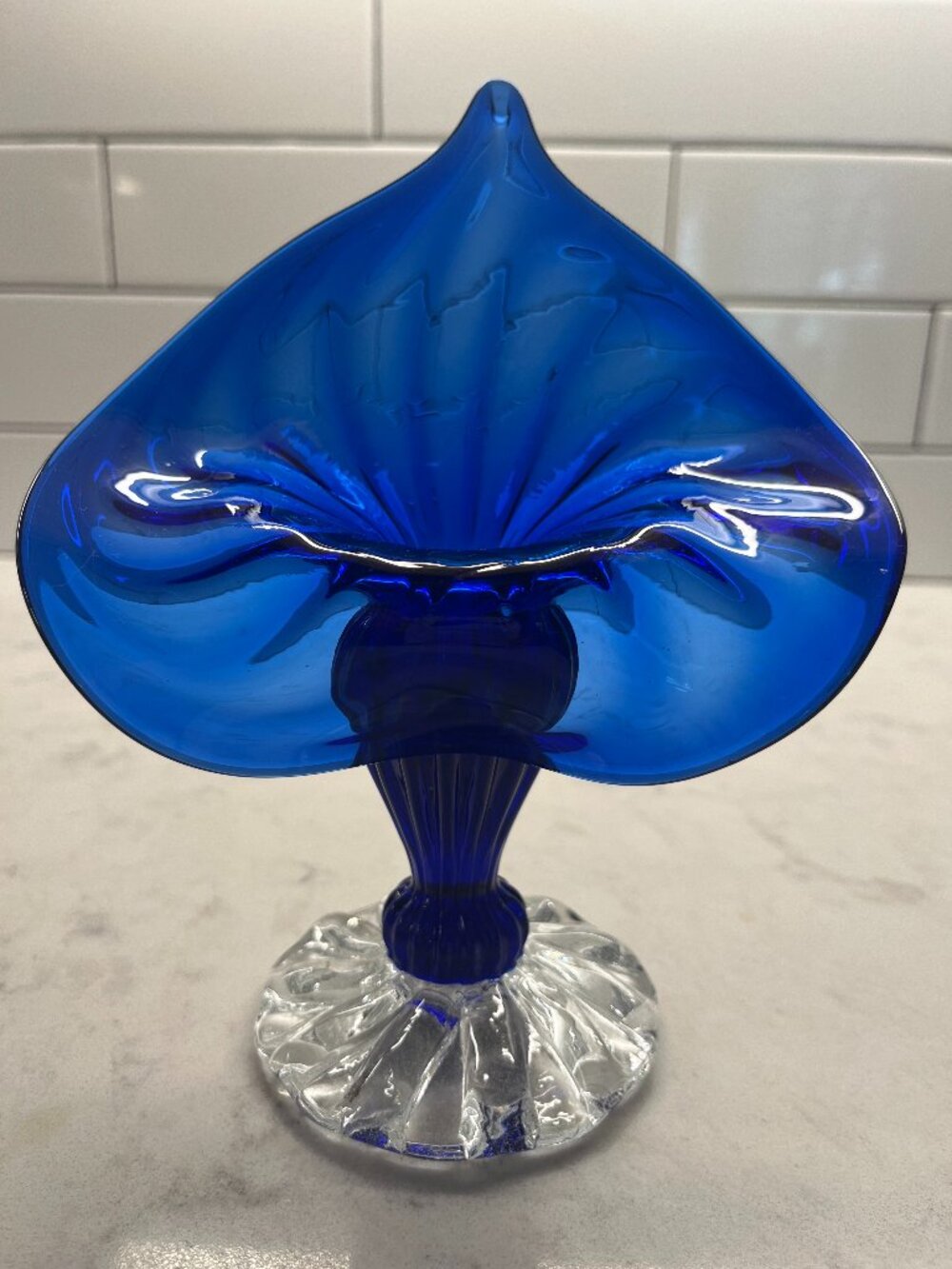 Vintage Handblown Cobalt Blue "Jack-in-the-Pulpit" Pedestal Flower Vase signed